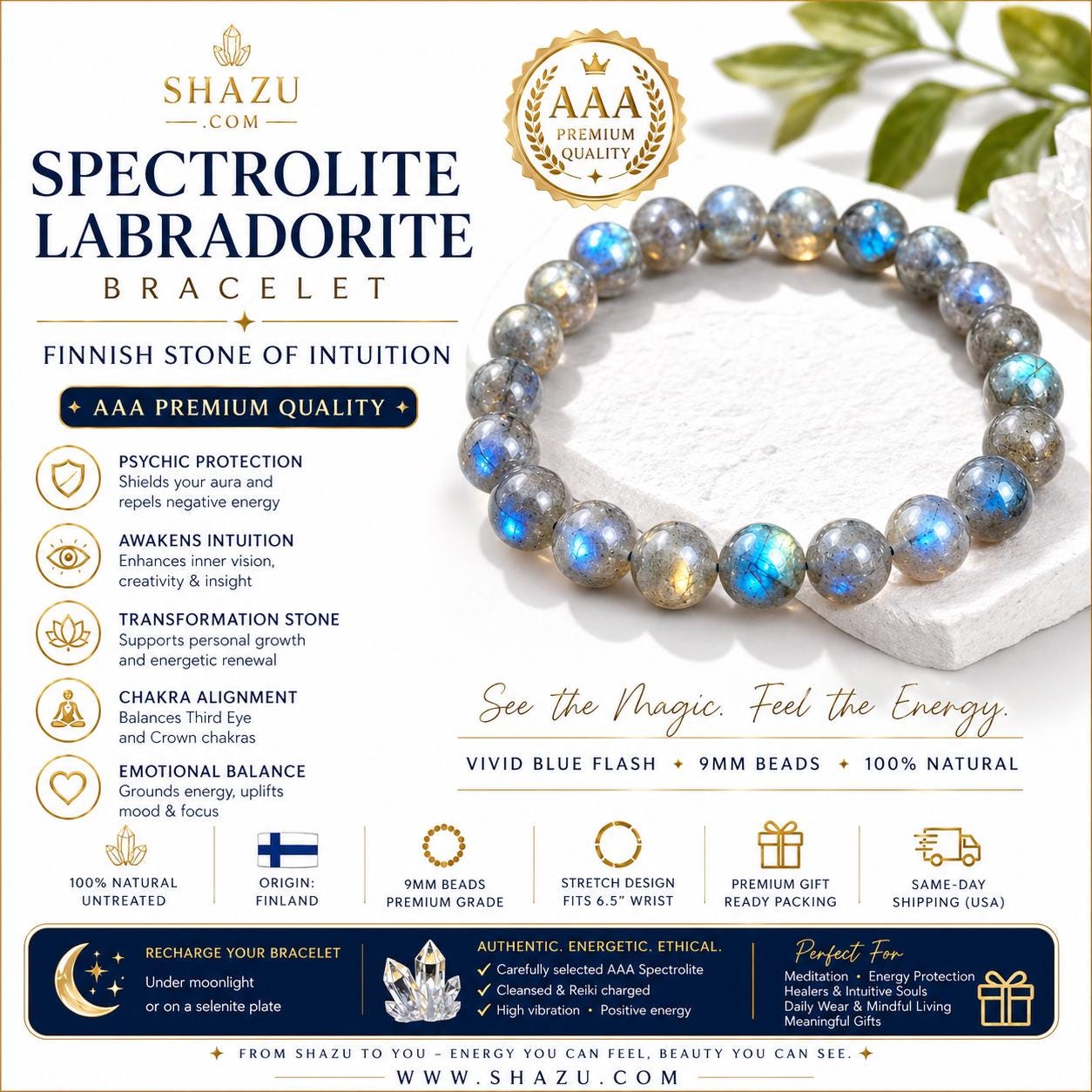 Labradorite – Blue Flash Crystal Bracelet, Intuition & Protection Stone, 9mm Beaded Bracelet, Spiritual Jewelry Gift