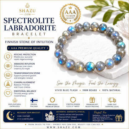 Labradorite – Blue Flash Crystal Bracelet, Intuition & Protection Stone, 9mm Beaded Bracelet, Spiritual Jewelry Gift
