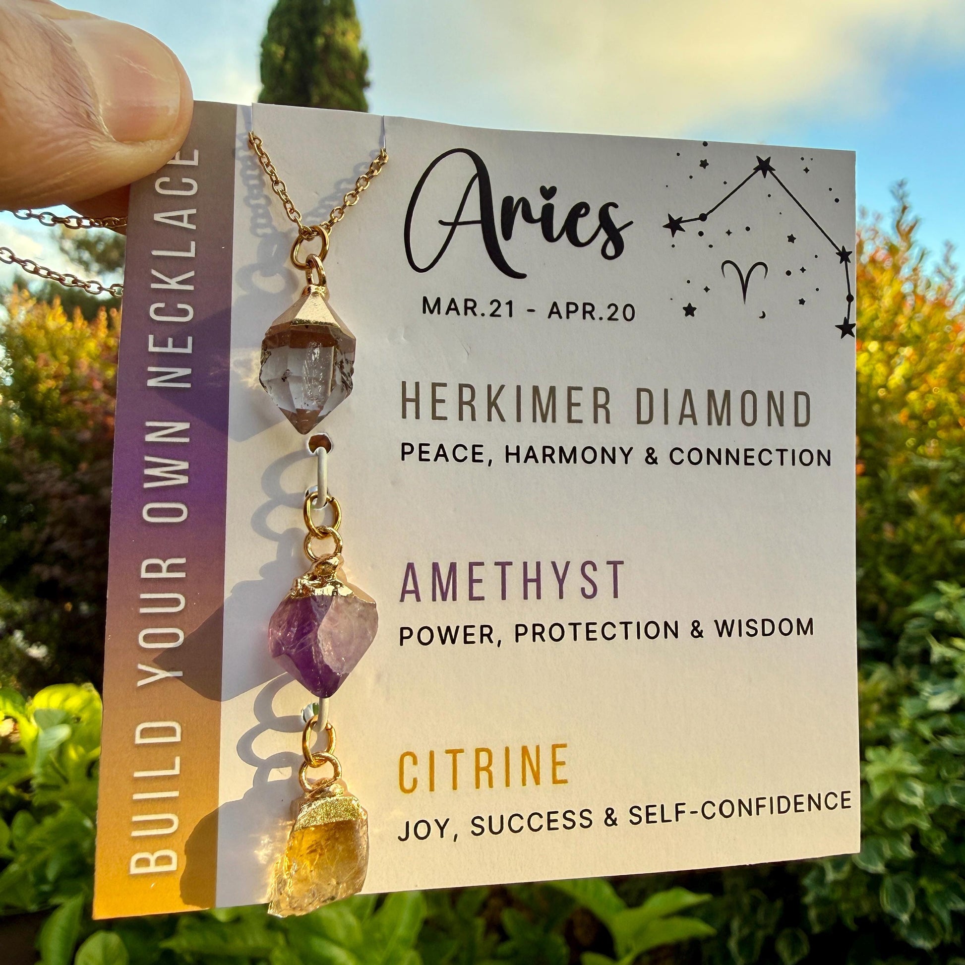 Aries Zodiac Necklace: Raw Herkimer, Amethyst, Citrine, Birthstone, Gift for Mom, Mothers Day Gift