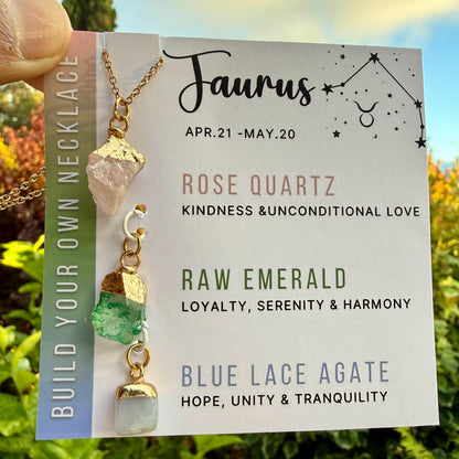 Taurus Zodiac Necklace: Emerald, Rose Quartz, Blue Lace Agate, Birthstone, Gift for Mom, Mothers Day Gift