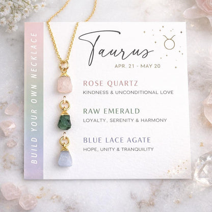 Taurus Zodiac Necklace: Emerald, Rose Quartz, Blue Lace Agate, Birthstone, Gift for Mom, Mothers Day Gift