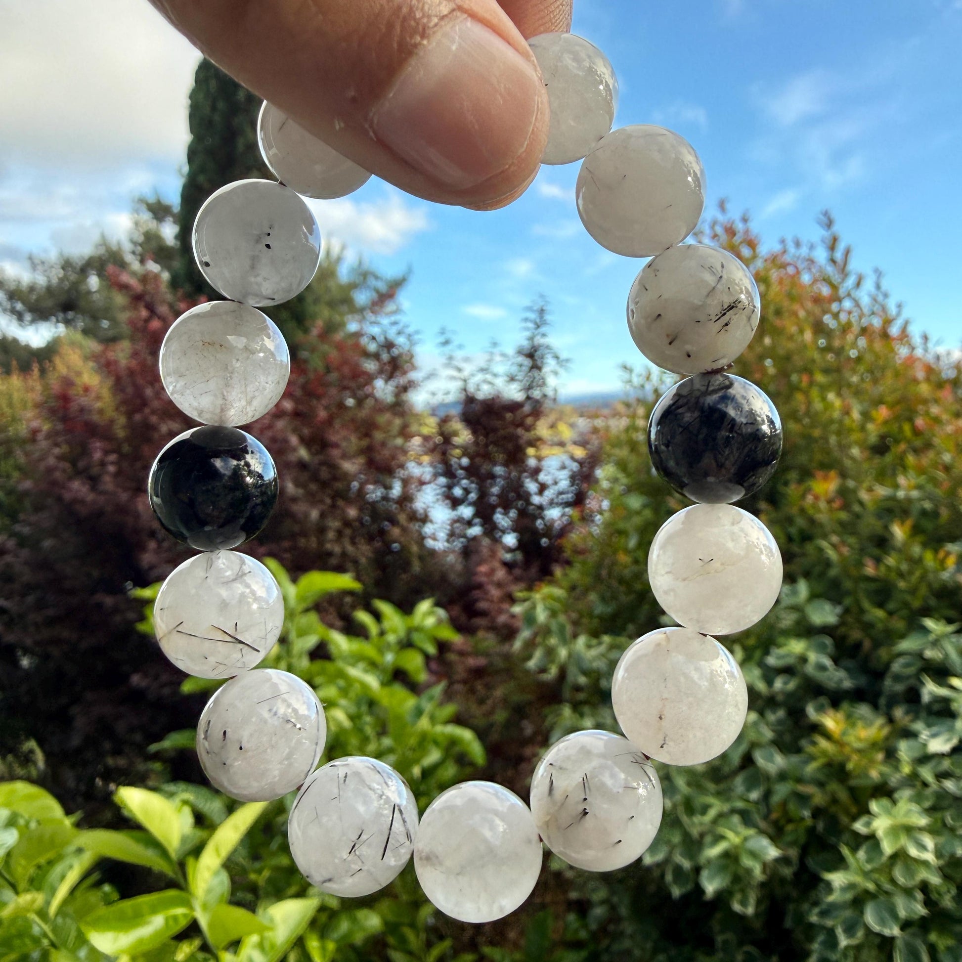 Natural Tourmalinated Quartz Bracelet Black Tourmaline Rutilated Rutile Quartz Protection Grounding Crystal Jewelry Gift