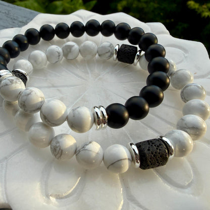Yin Yang Balance Bracelet Black Onyx Howlite Lava Stone Mens Grounding Diffuser Bracelet Gift for Him