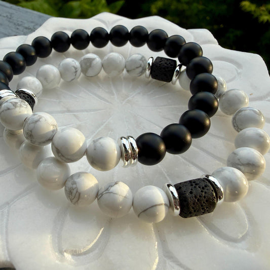 Yin Yang Balance Bracelet Black Onyx Howlite Lava Stone Mens Grounding Diffuser Bracelet Gift for Him