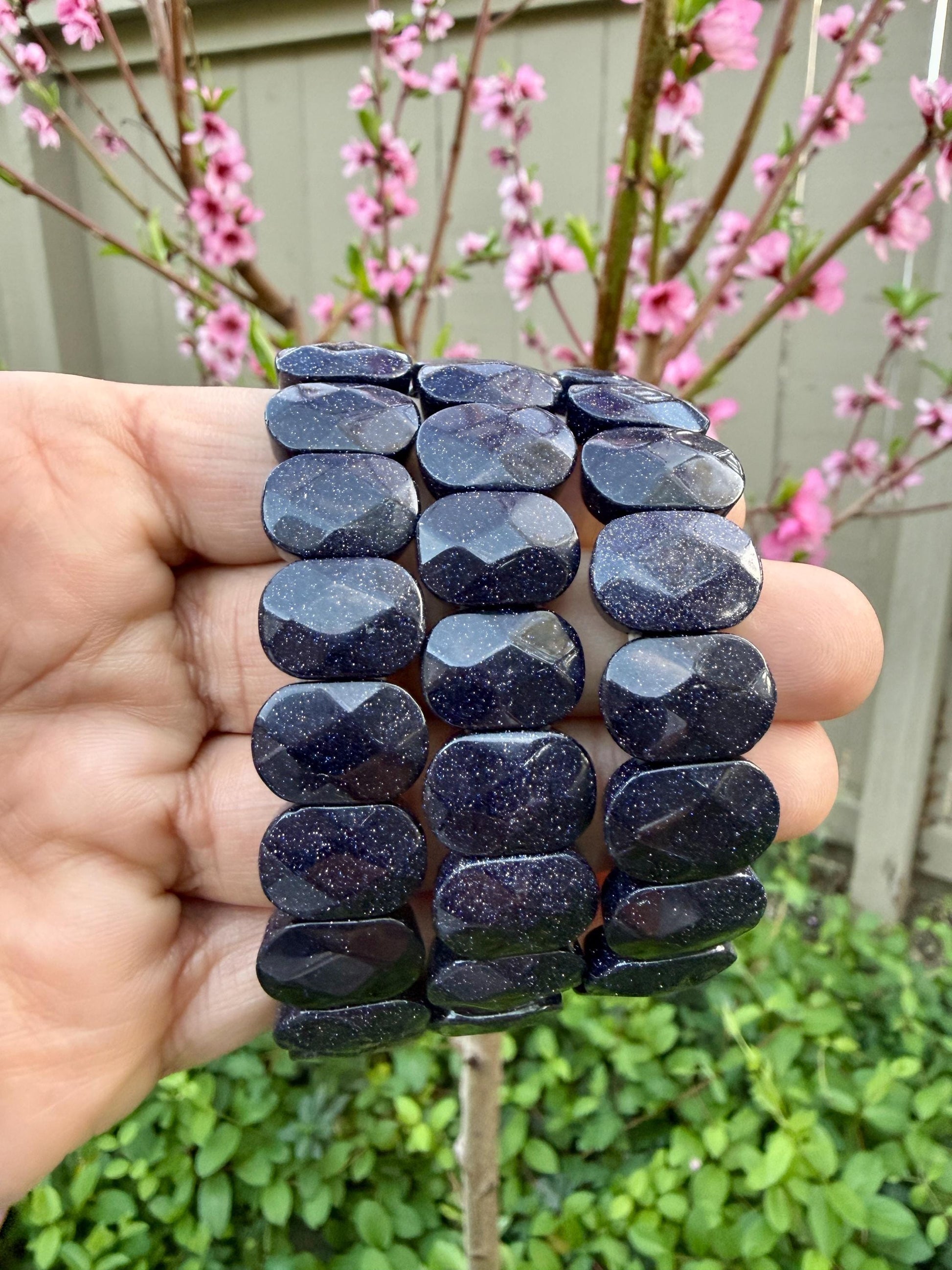 Blue Goldstone Oval Faceted Bracelet 10x15MM • Midnight Sparkle Crystal • Confidence, Ambition & Positive Energy Jewelry