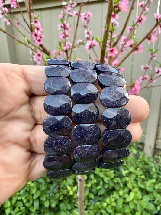 Blue Goldstone Oval Faceted Bracelet 10x15MM • Midnight Sparkle Crystal • Confidence, Ambition & Positive Energy Jewelry