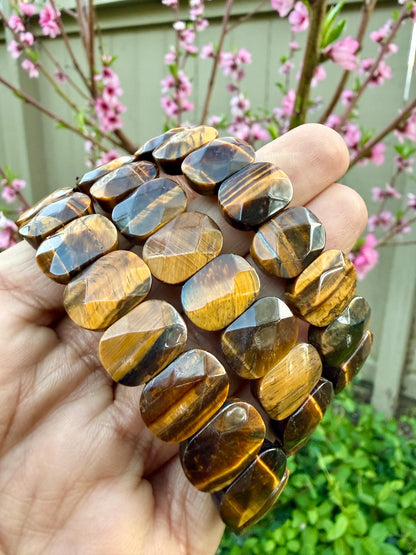 Yellow Tiger Eye Bracelet 15MM Oval Beads – Protection Stone for Confidence, Focus & Success