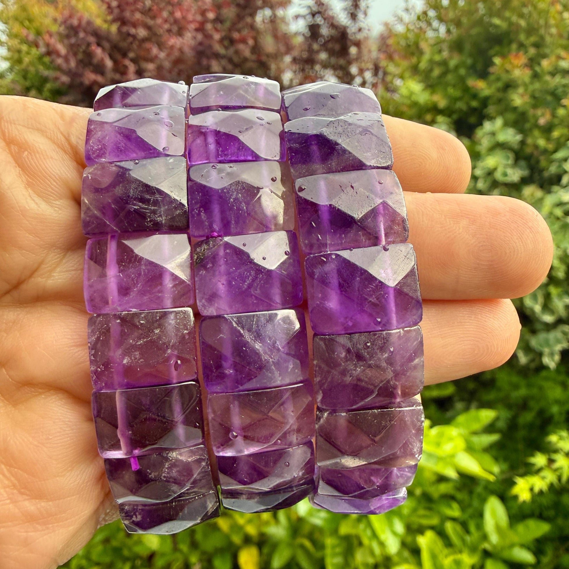 Amethyst Bracelet 15mm Faceted Rectangle Beads Natural Crystal Healing Jewelry Protection Energy Gift
