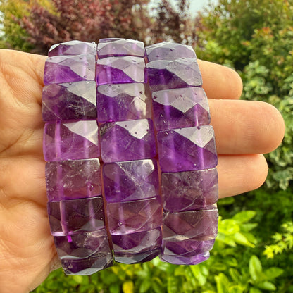 Amethyst Bracelet 15mm Faceted Rectangle Beads Natural Crystal Healing Jewelry Protection Energy Gift