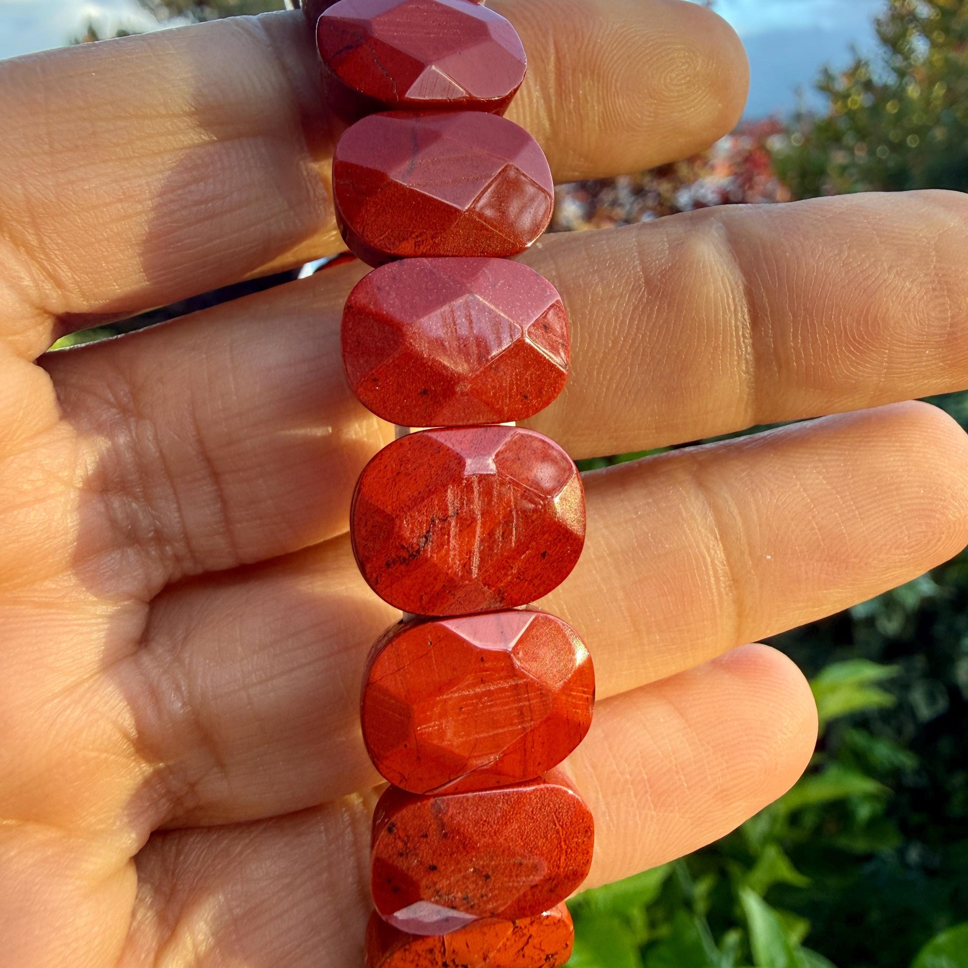Red Jasper Bracelet 15mm Faceted Oval Beads Natural Stone Grounding Protection Energy Jewelry Gift