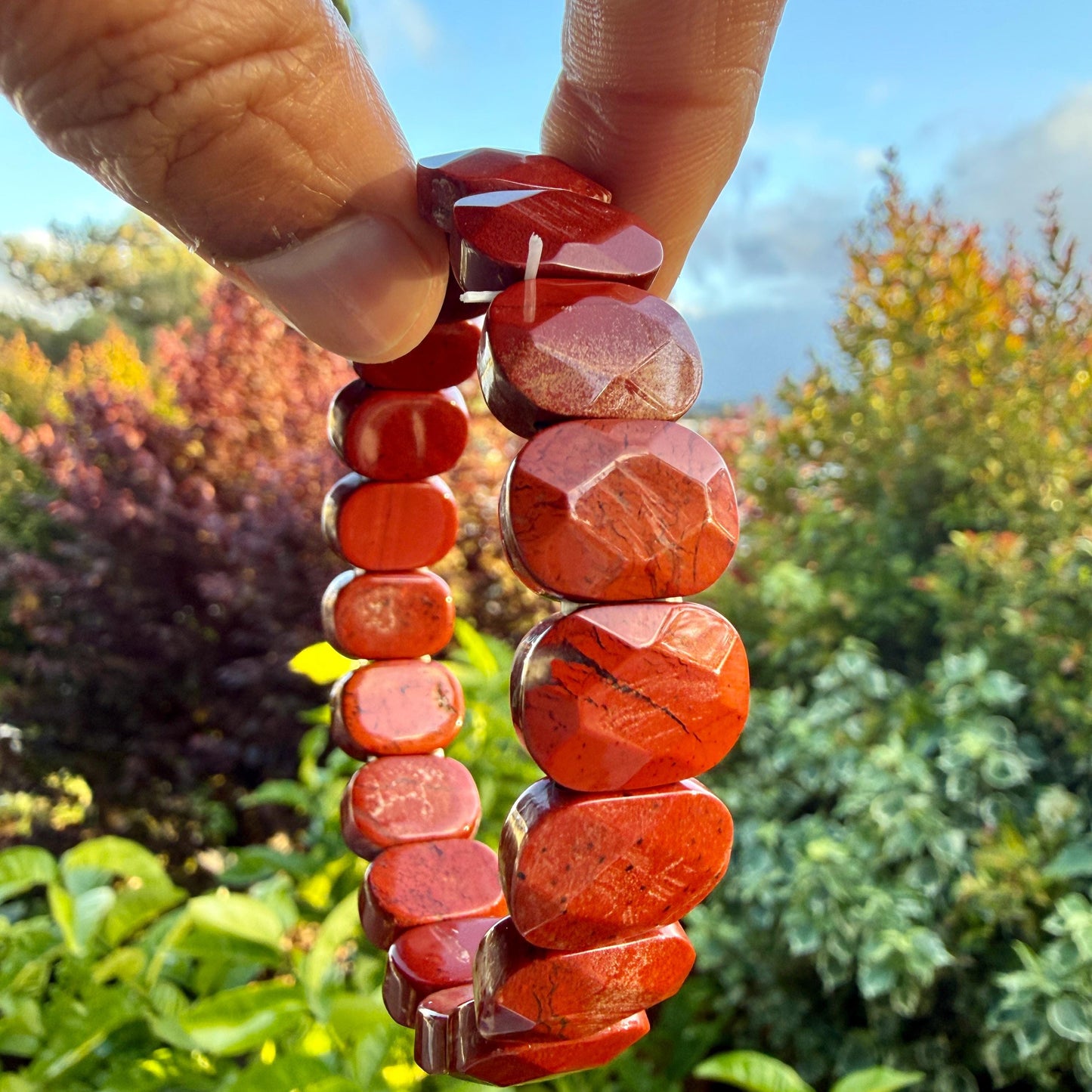 Red Jasper Bracelet 15mm Faceted Oval Beads Natural Stone Grounding Protection Energy Jewelry Gift
