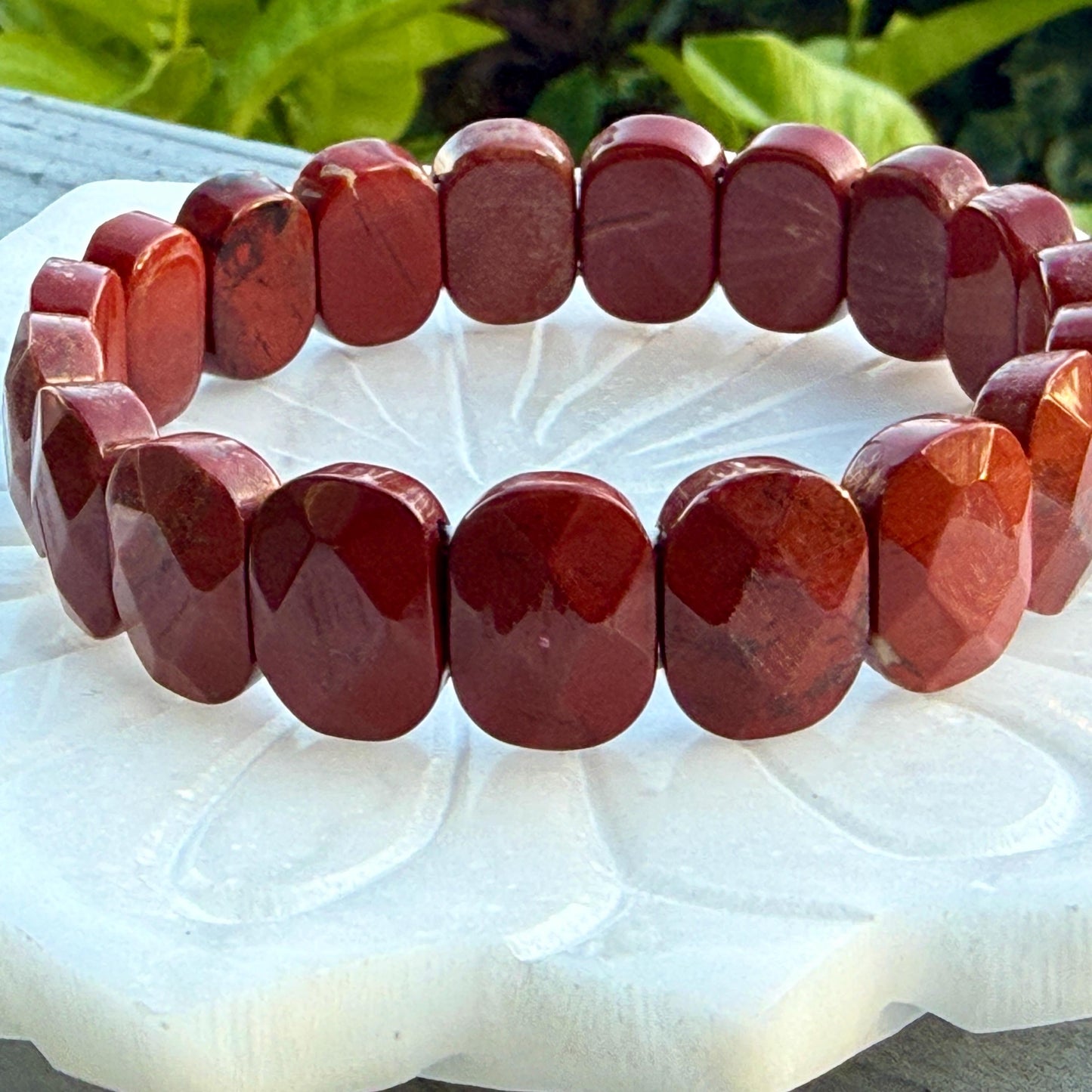 Red Jasper Bracelet 15mm Faceted Oval Beads Natural Stone Grounding Protection Energy Jewelry Gift