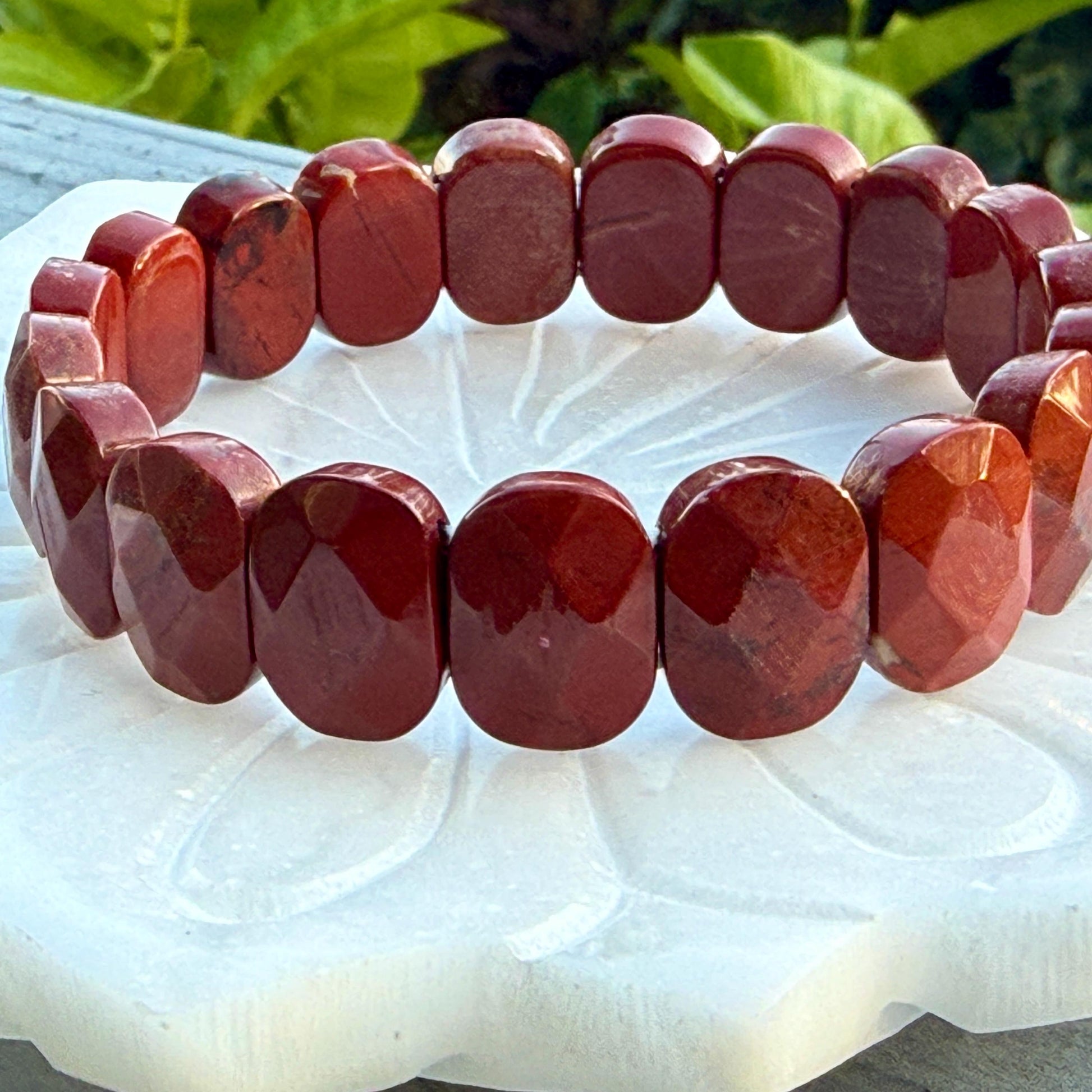 Red Jasper Bracelet 15mm Faceted Oval Beads Natural Stone Grounding Protection Energy Jewelry Gift