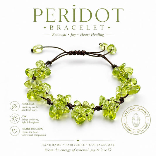 Peridot Bracelet – Crystal Chip Jewelry, August Birthstone Gift, Fairycore Cottagecore Green Healing