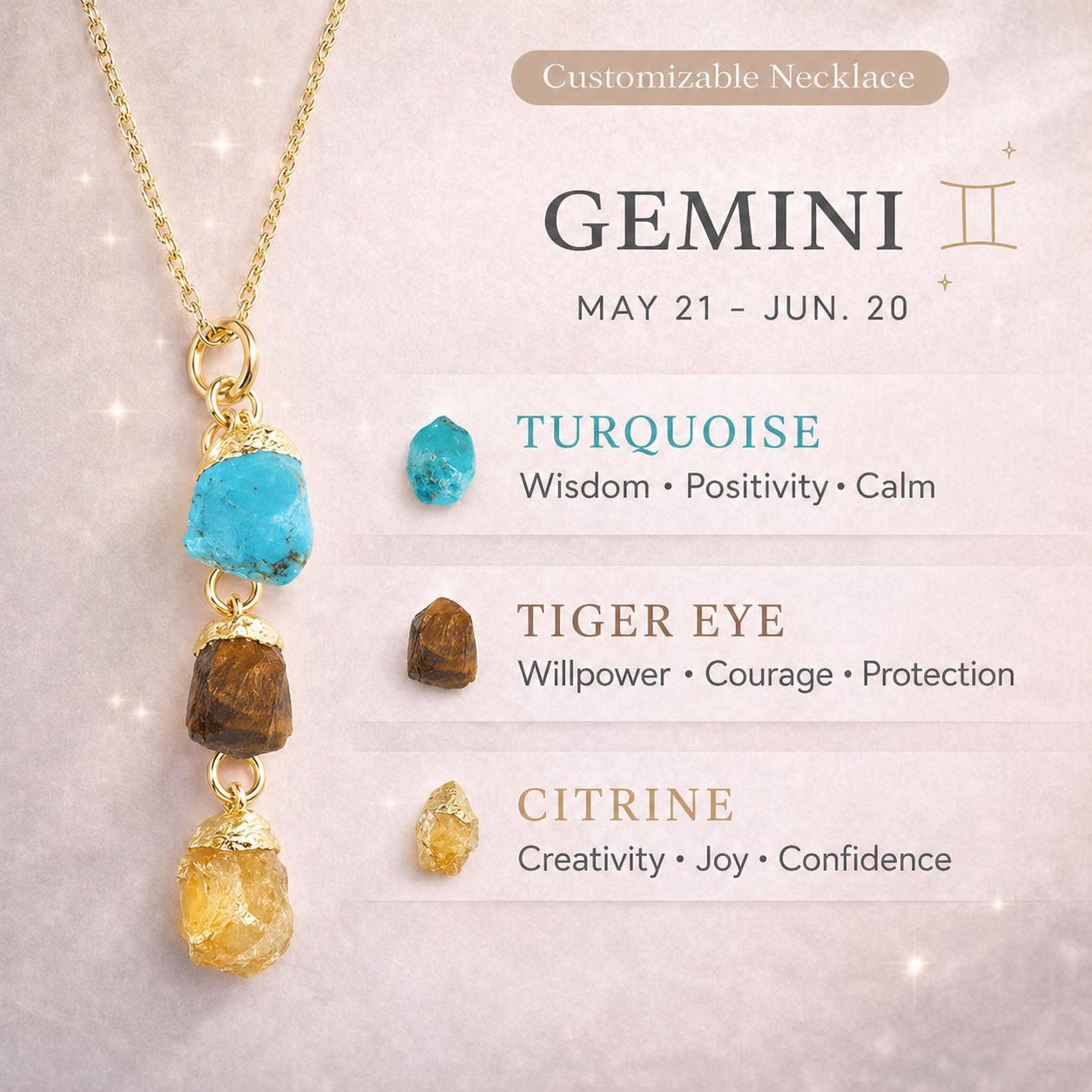 Gemini Zodiac Necklace: Raw Turquoise, Tiger Eye, Citrine Crystals
