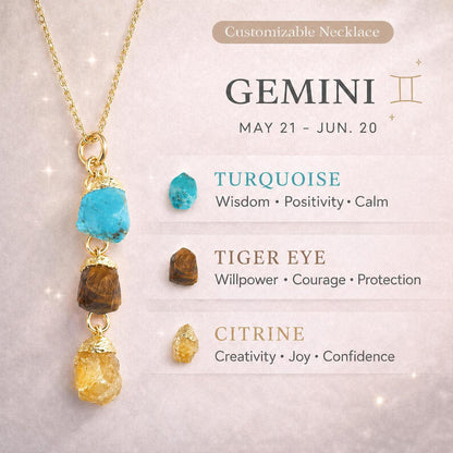 Gemini Zodiac Necklace: Raw Turquoise, Tiger Eye, Citrine Crystals