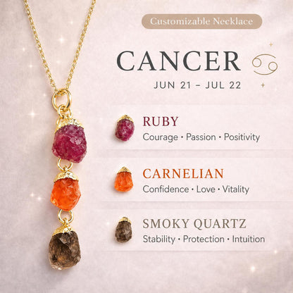 Cancer Zodiac Necklace: Raw Ruby, Carnelian, and Smoky Quartz