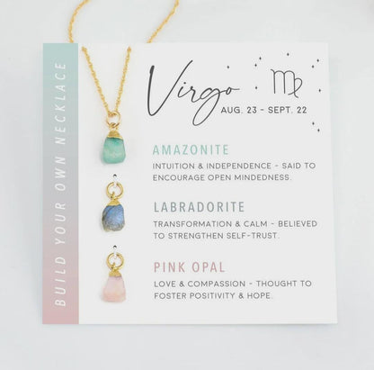 Virgo Zodiac Necklace: Raw Amazonite, Labradorite, and Pink Opal