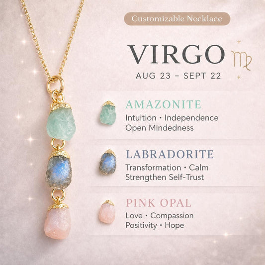 Virgo Zodiac Necklace: Raw Amazonite, Labradorite, and Pink Opal