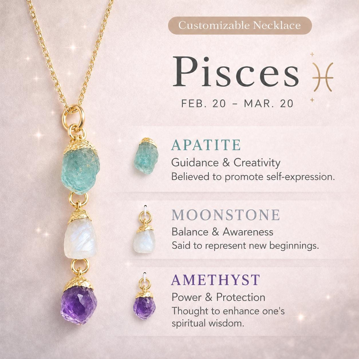 Pisces Zodiac Necklace: Raw Apatite, Moonstone, and Amethyst
