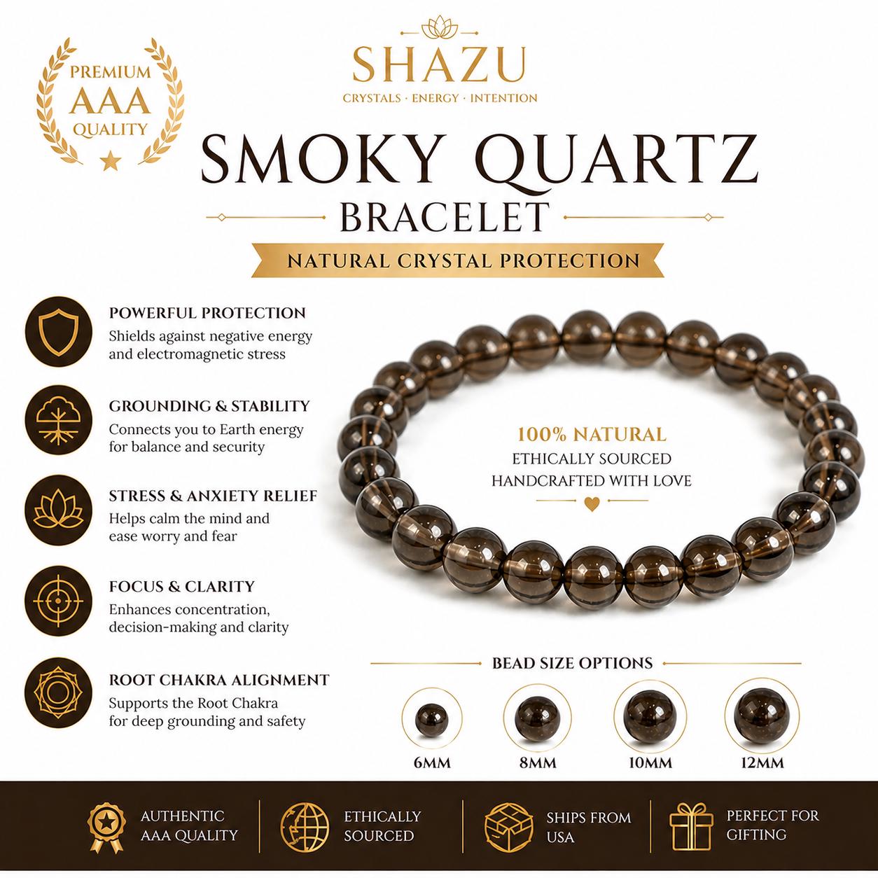 AAA Smoky Quartz Bracelet – Natural Protection Crystal for Grounding, Anxiety Relief & Energy Cleansing