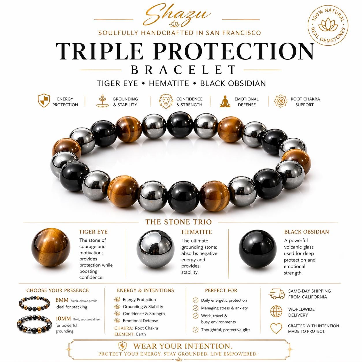 Triple Protection Bracelet 8mm/10mm - Tiger Eye Hematite Black Obsidian Strength Grounding Gift