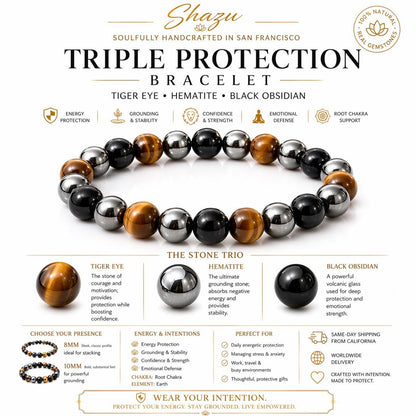 Triple Protection Bracelet 8mm/10mm - Tiger Eye Hematite Black Obsidian Strength Grounding Gift