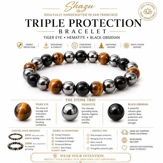 Triple Protection Bracelet 8mm/10mm - Tiger Eye Hematite Black Obsidian Strength Grounding Gift