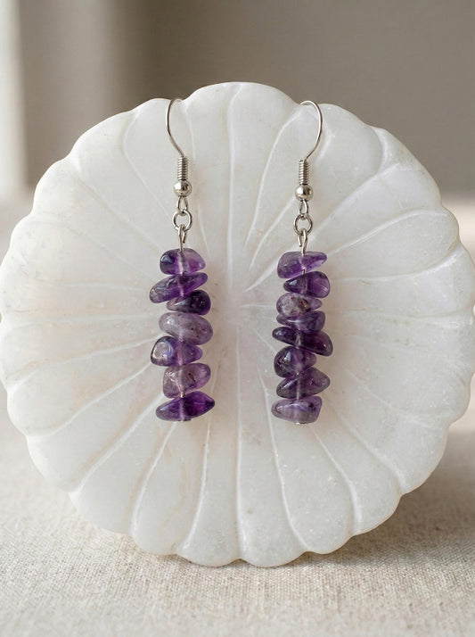 Amethyst Earrings – Natural Crystal Drop Earrings | Crown Chakra | Healing & Spiritual Balance | Boho Jewelry