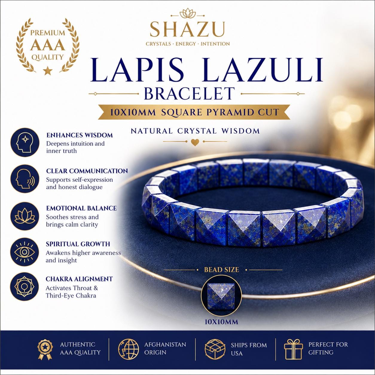 Lapis Lazuli Bracelet 12MM Square Pyramid Cut – Blue Crystal for Wisdom, Truth & Protection