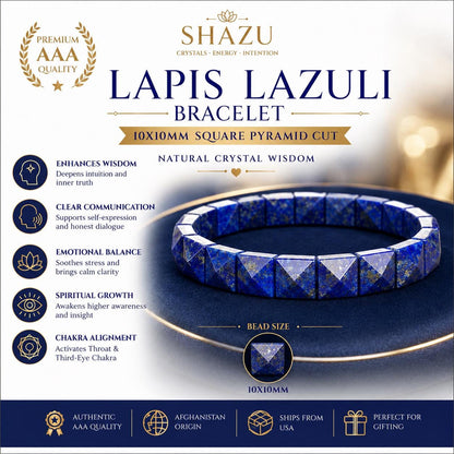 Lapis Lazuli Bracelet 12MM Square Pyramid Cut – Blue Crystal for Wisdom, Truth & Protection