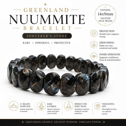 Greenland Nuummite Bracelet 14x9mm Rare Stone, Protection Grounding Crystal, Sorcerer’s Stone