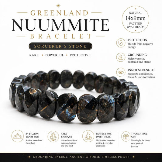 Greenland Nuummite Bracelet 14x9mm Rare Stone, Protection Grounding Crystal, Sorcerer’s Stone