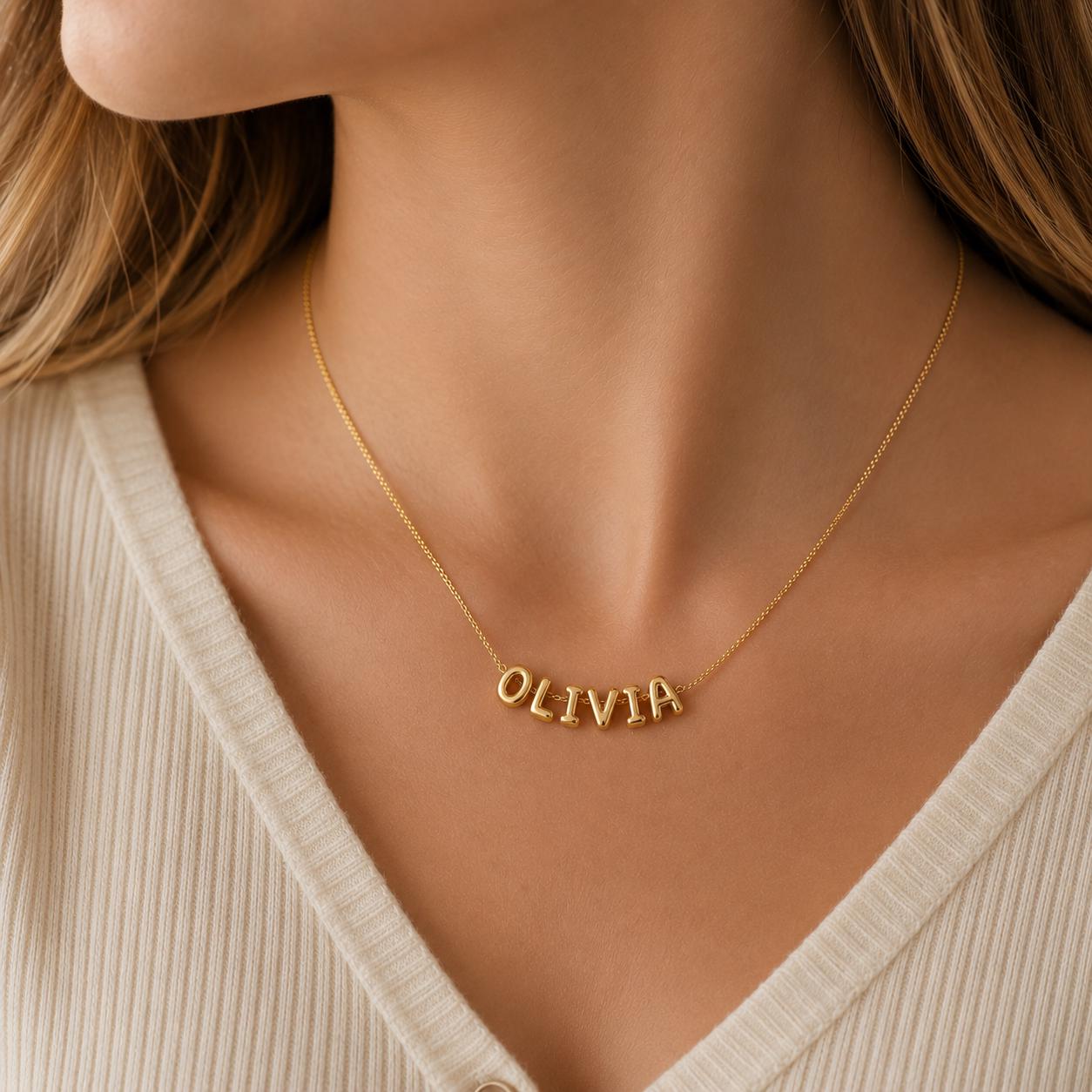 Custom Name Necklace – 18K Gold Initial Personalized Jewelry Gift for Her | Bubble Letter Necklace