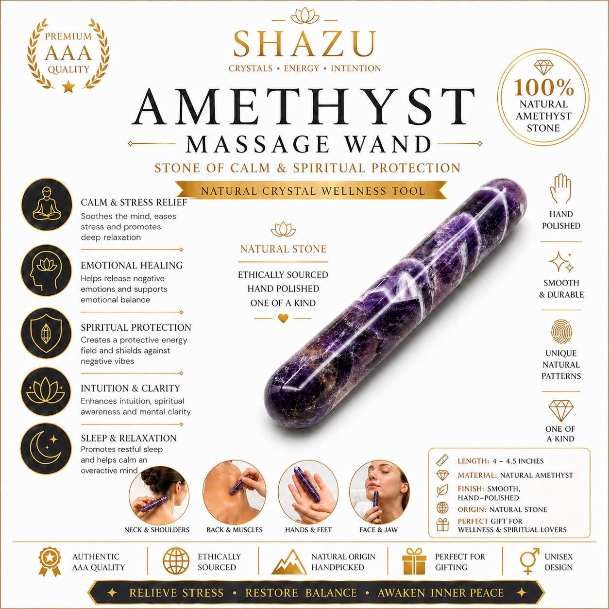Amethyst Crystal Massage Wand | Acupressure, Trigger Point Therapy