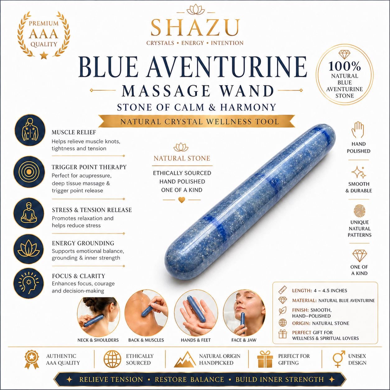 Blue Aventurine Crystal Massage Wand | Natural Stone Massager for Acupressure and Trigger Point