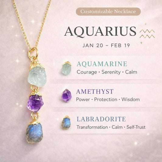 Aquarius Zodiac Necklace: Raw Aquamarine, Amethyst, Labradorite, Birthstone