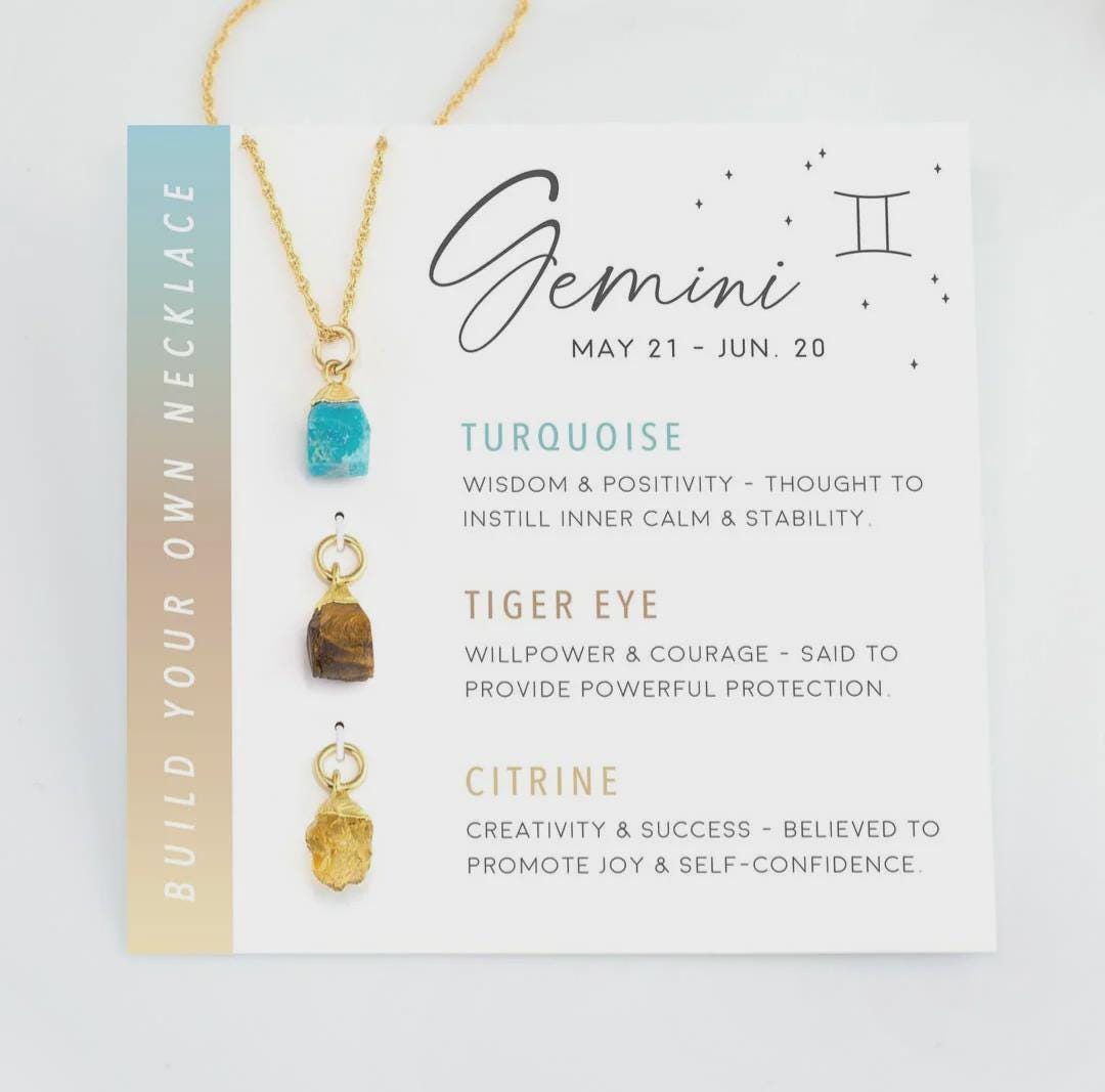 Gemini Zodiac Necklace: Raw Turquoise, Tiger Eye, Citrine Crystals