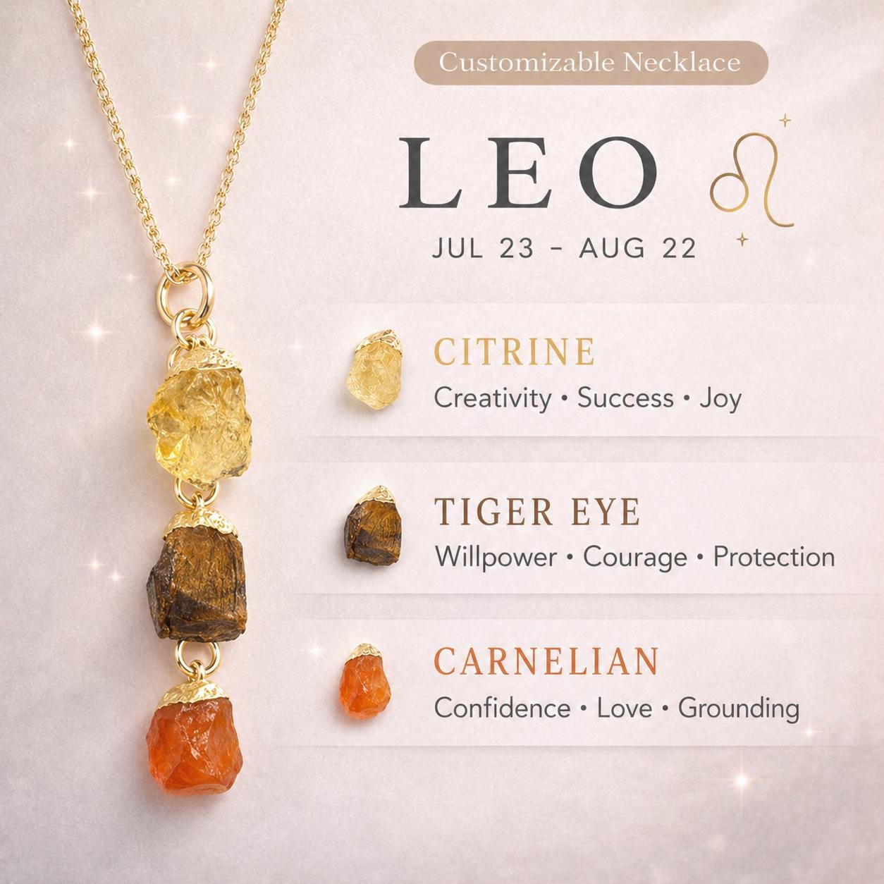 Leo Zodiac Necklace: Raw Citrine, Tiger's Eye, and Carnelian