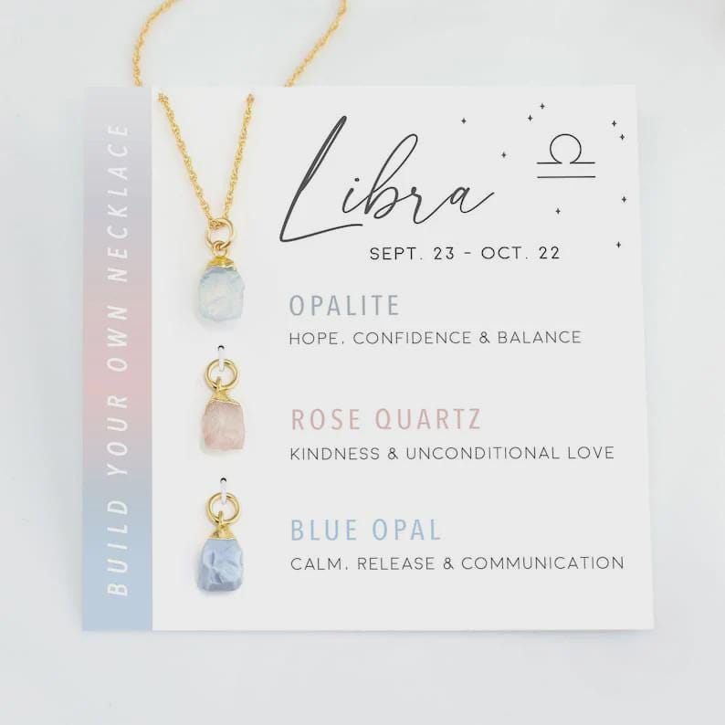 Libra Zodiac Necklace: Raw Opalite, Rose Quartz and Blue Opal
