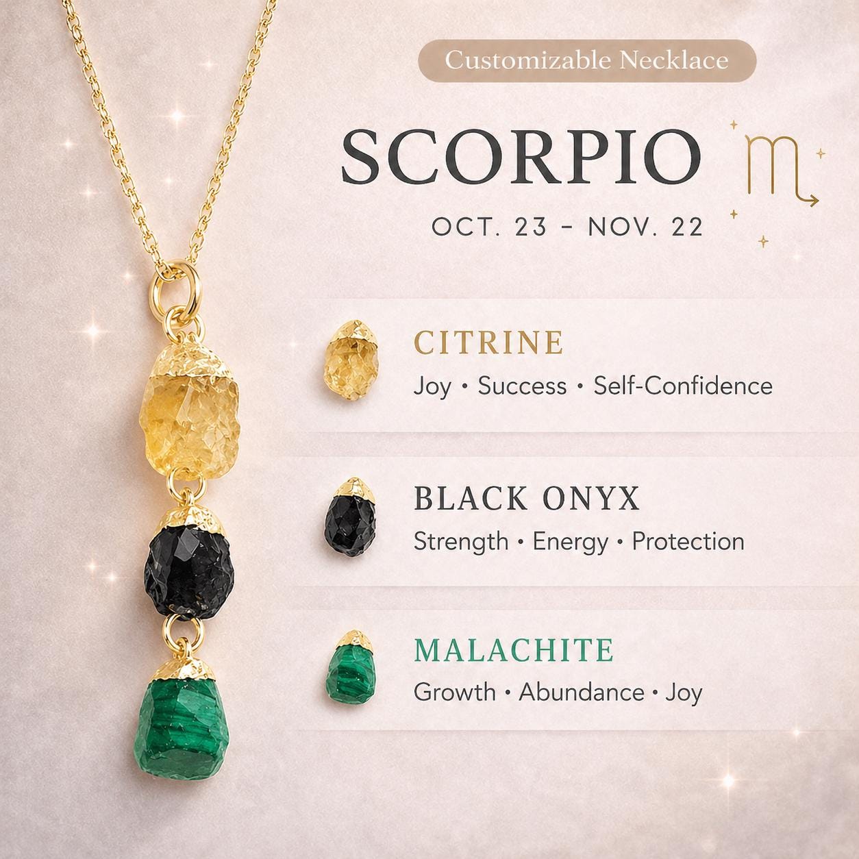 Scorpio Zodiac Necklace: Raw Citrine, Black Onyx and Malachite