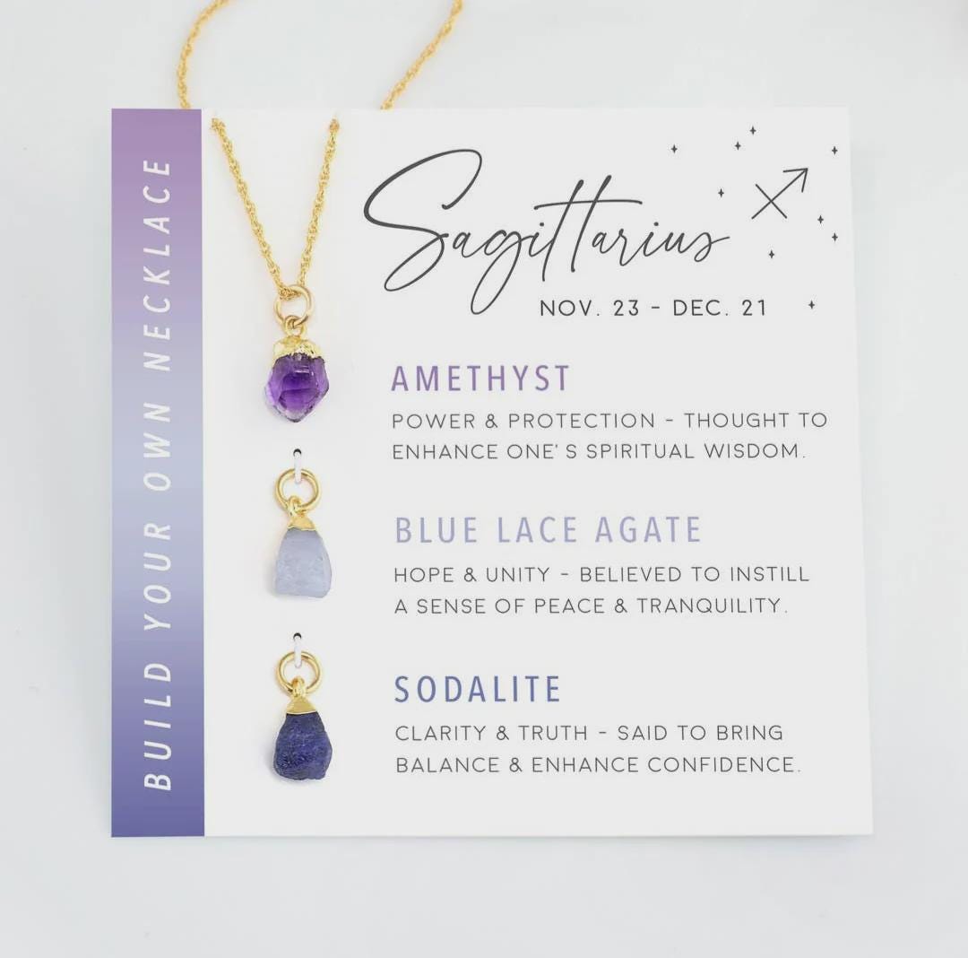 Sagittarius Zodiac Necklace: Raw Amethyst, Blue Lace Agate and Sodalite