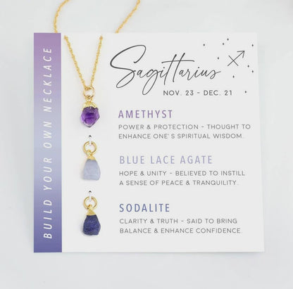 Sagittarius Zodiac Necklace: Raw Amethyst, Blue Lace Agate and Sodalite