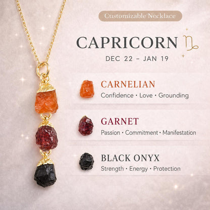 Capricorn Zodiac Necklace: Raw Carnelian, Garnet, and Black Onyx
