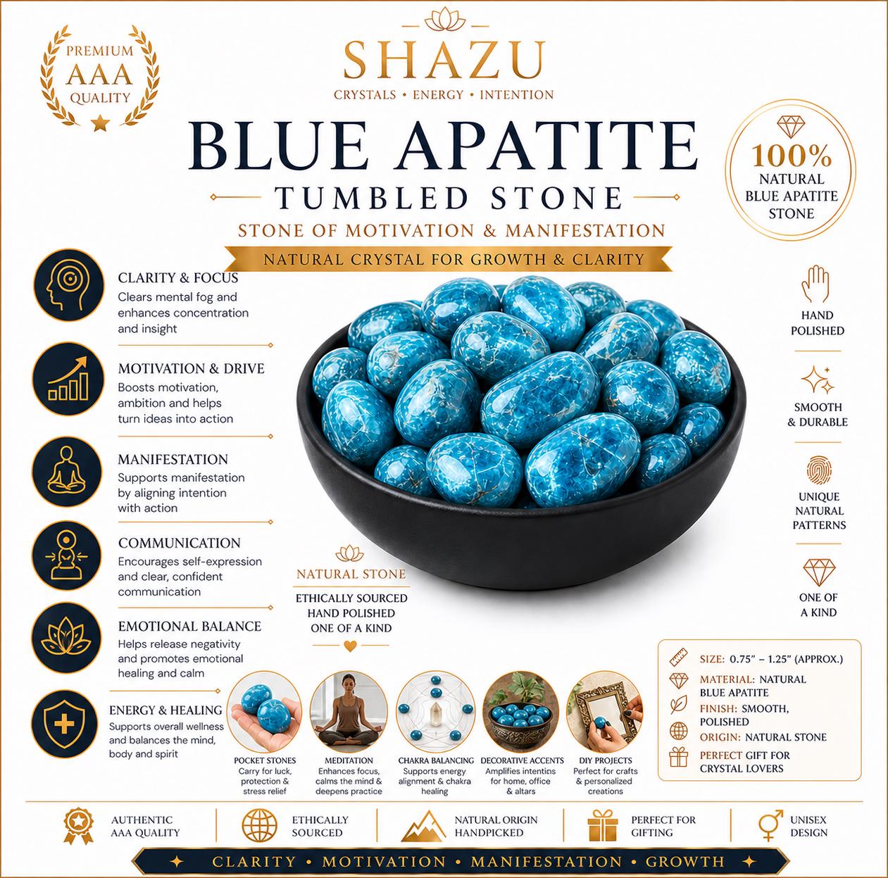 Blue Apatite Stone – Tumbled Crystal for Clarity, Focus & Manifestation | Third Eye and Throat Chakra
