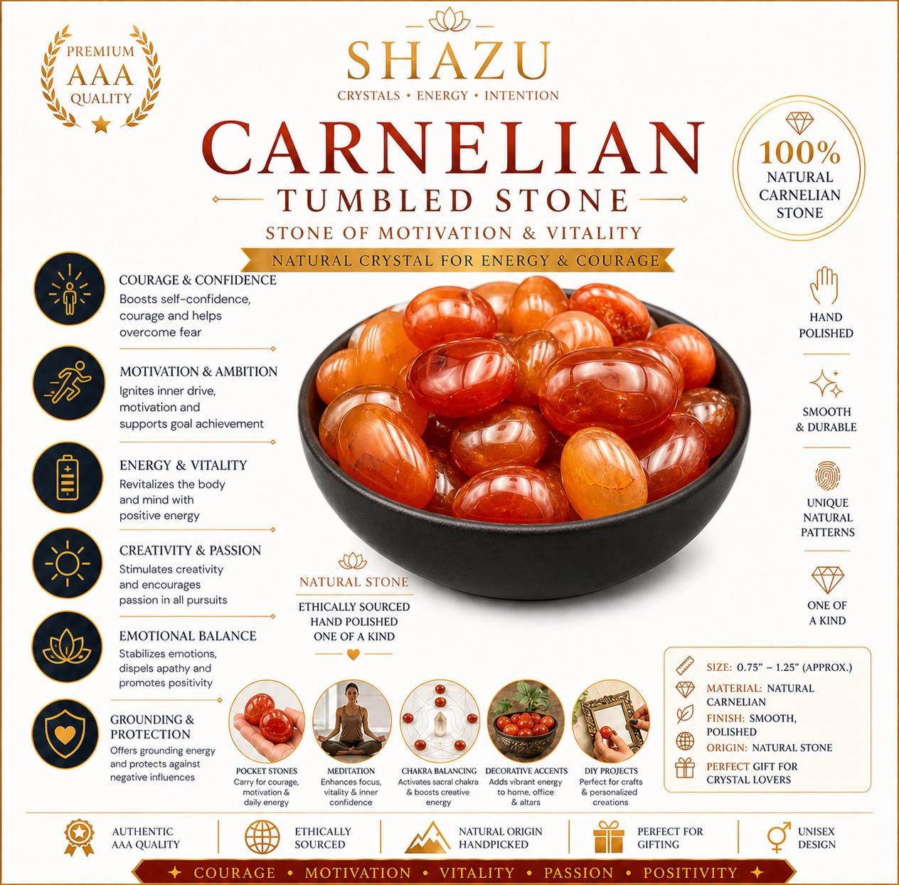 Carnelian Tumbled Stone – Natural Crystal for Motivation, Creativity, Confidence & Vitality