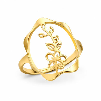 May Birth Flower Ring – Adjustable Hawthorn Flower Ring, 18K Gold Plated Floral Gift for Her