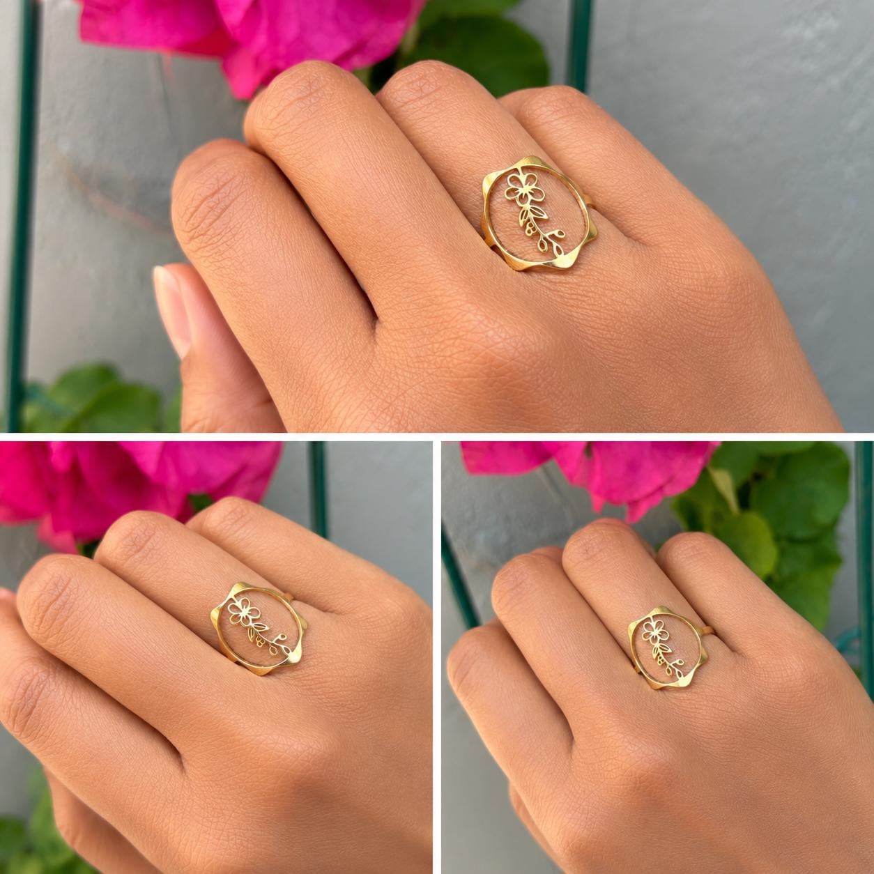 May Birth Flower Ring – Adjustable Hawthorn Flower Ring, 18K Gold Plated Floral Gift for Her