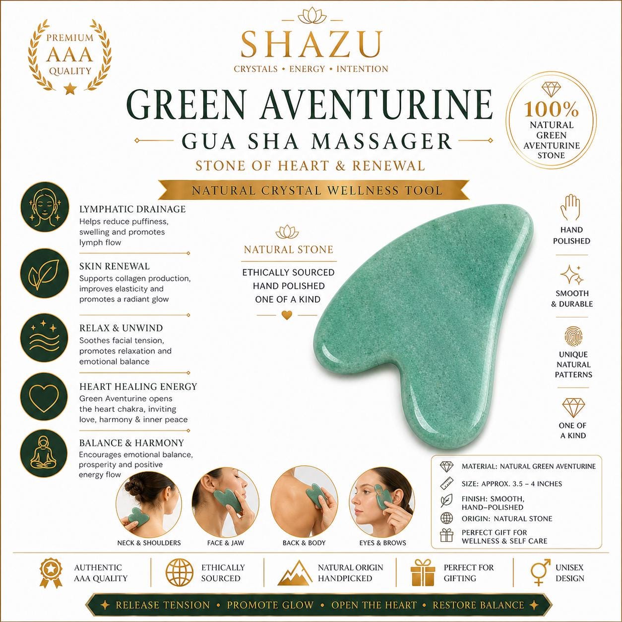 Gua Sha Green Aventurine Facial Massage Tool for Glow, Lymphatic Drainage, Skin Sculpting