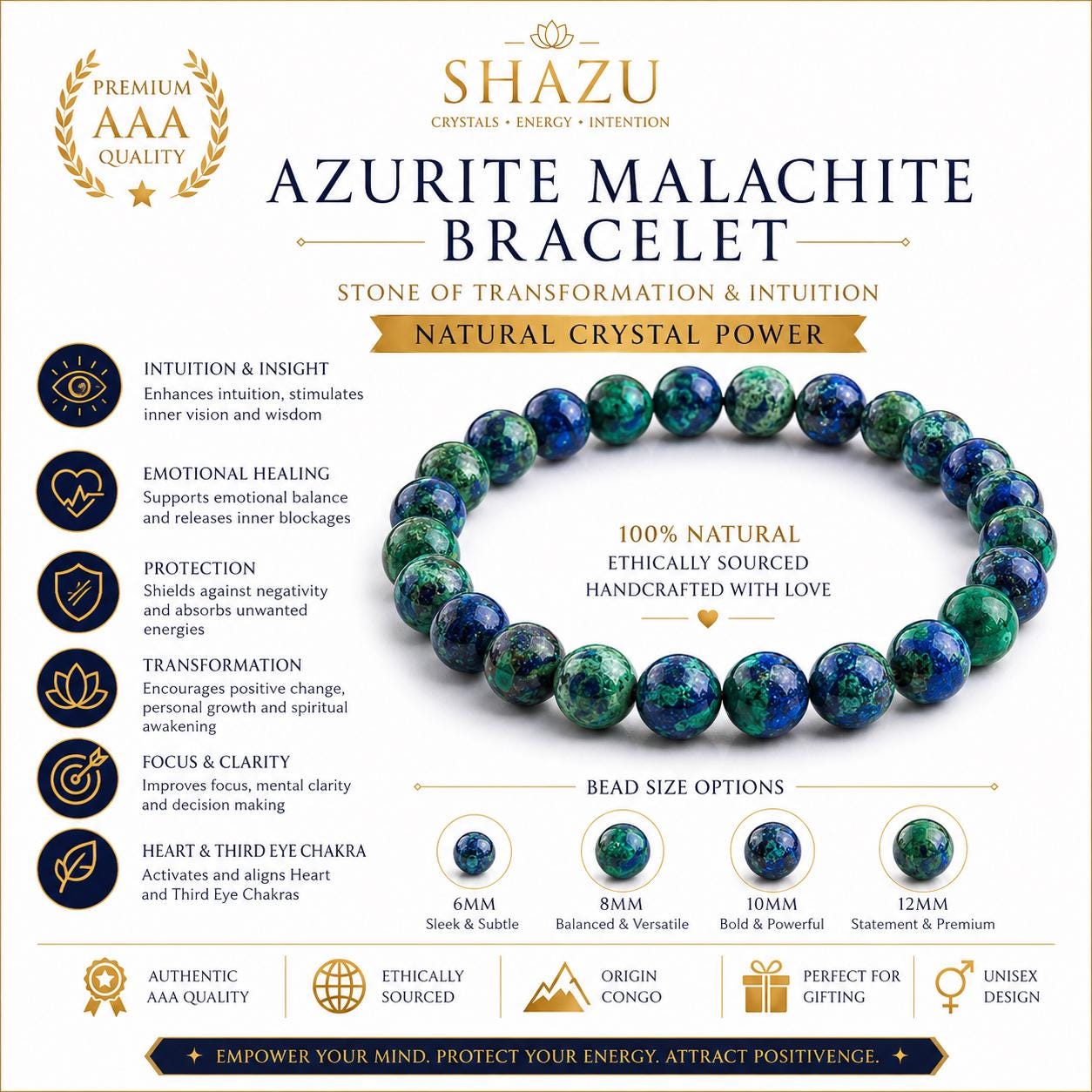 AAA Azurite Malachite Bracelet – Natural Crystal Bracelet for Intuition, Protection & Transformation